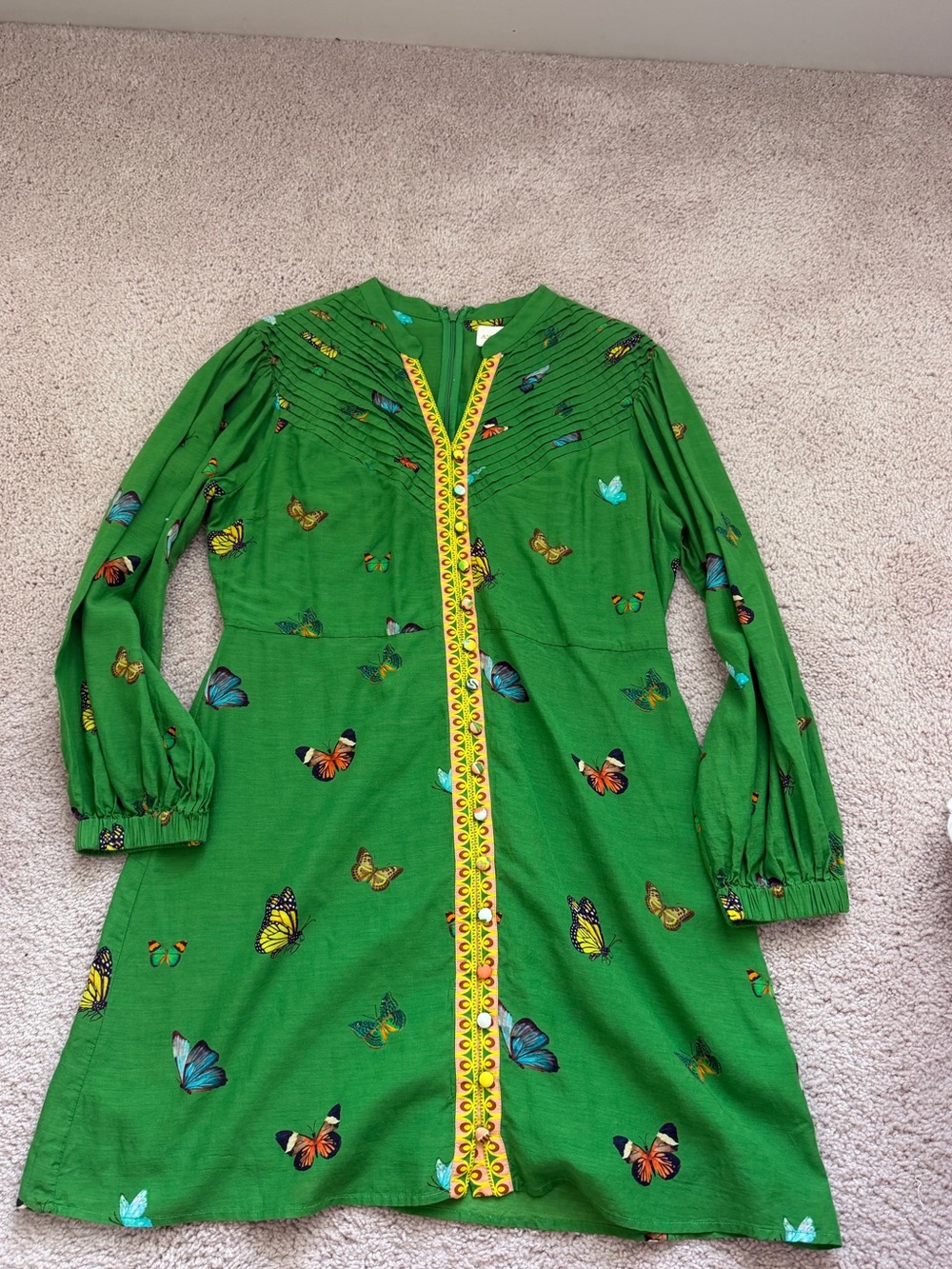 Green Butterfly-Print Long Sleeve Dress with Yellow Trim